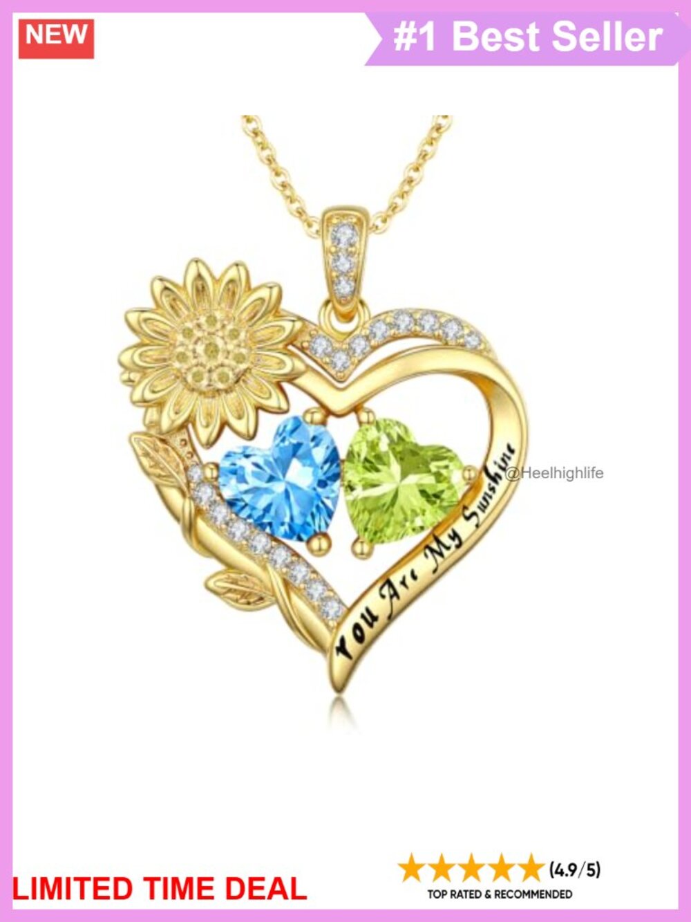 14K Gold Plated Heart Birthstone Necklace Pendant 20"